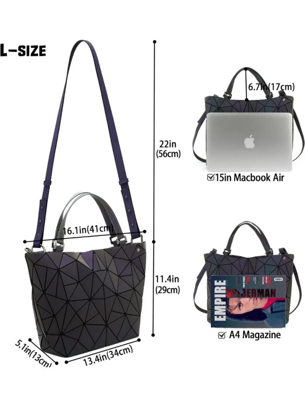 Luminous Geometric Tote Bag & Holographic Crossbody Purse - Black Iridescent